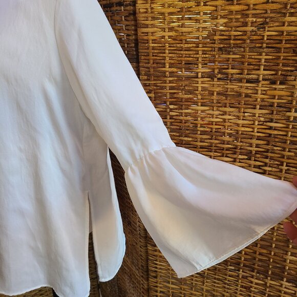 Zara Basic Satin Blouse White Long Sleeve Bell Sleeve SZ XL Keyhole Back Boho - Picture 3 of 6